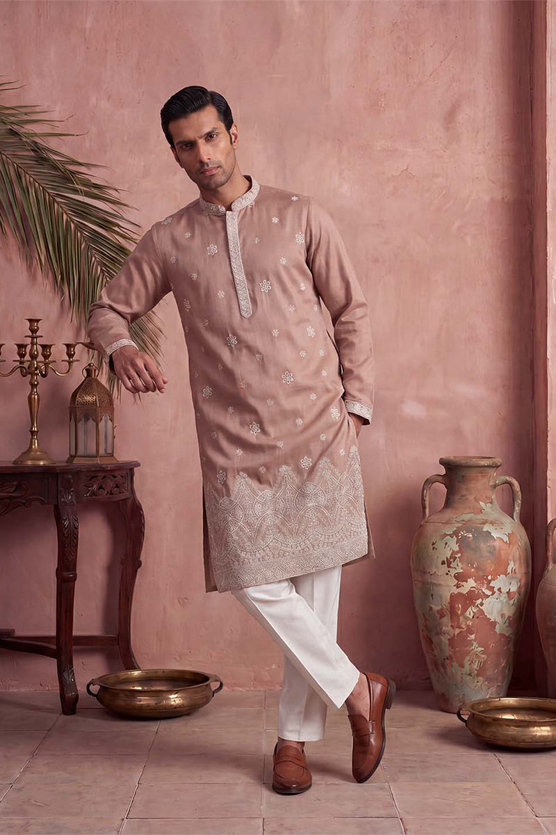 Pink Silk Blend Solid Embroidered Kurta With Trousers MKSET2173