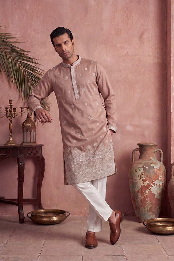 Pink Silk Blend Solid Embroidered Kurta With Trousers MKSET2173