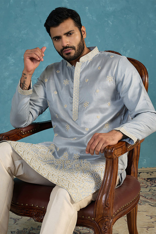 Blue Silk Blend Solid Embroidered Kurta MKU2175