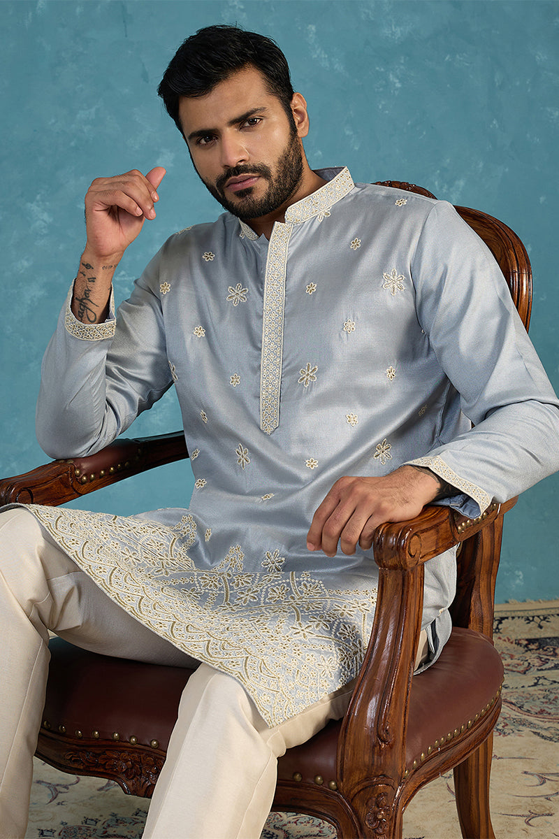 Blue Silk Blend Solid Embroidered Kurta With Trousers MKSET2175