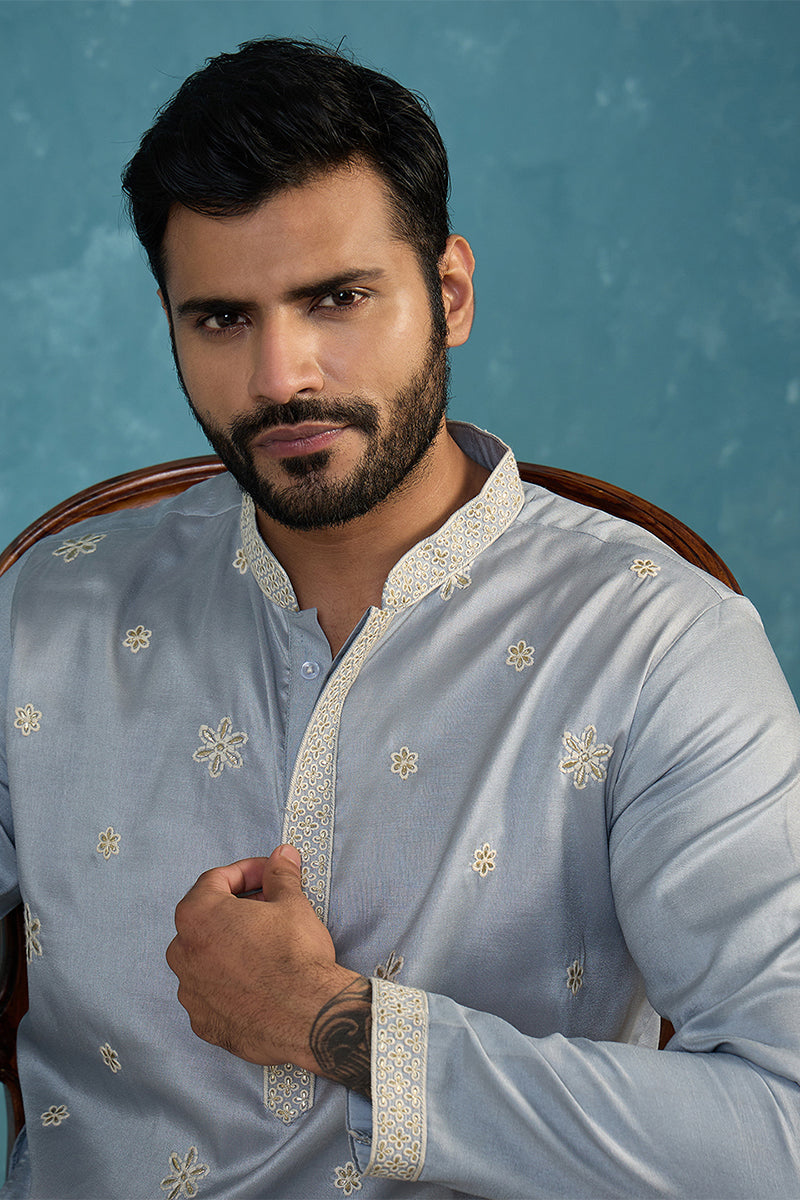 Blue Silk Blend Solid Embroidered Kurta With Trousers MKSET2175