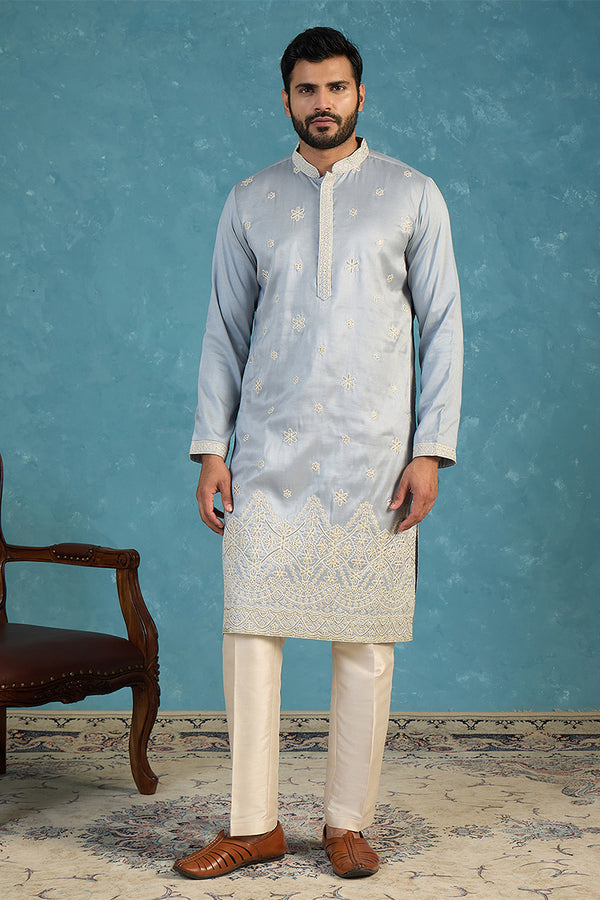 Blue Silk Blend Solid Embroidered Kurta With Trousers MKSET2175