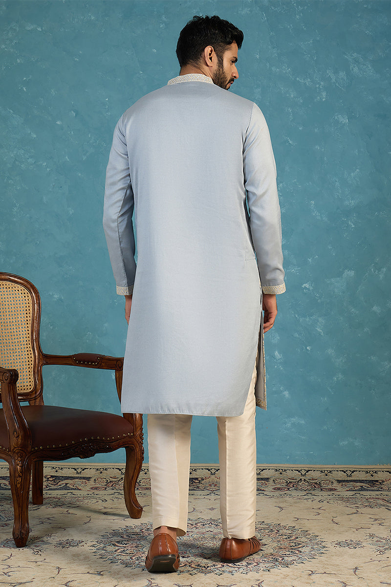 Blue Silk Blend Solid Embroidered Kurta With Trousers MKSET2175