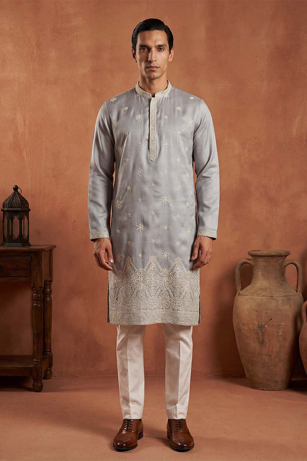 Blue Silk Blend Solid Embroidered Kurta MKU2175