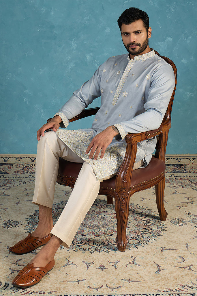 Blue Silk Blend Solid Embroidered Kurta With Trousers MKSET2175