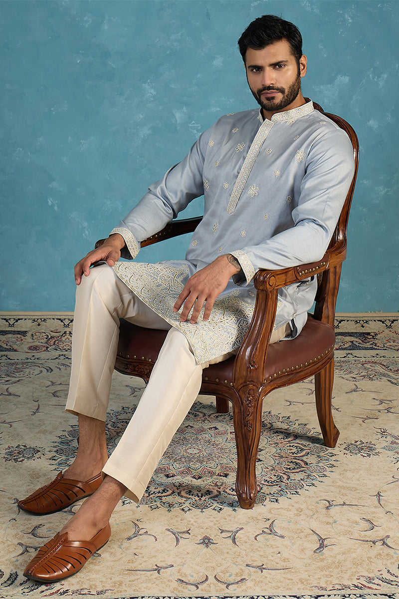Blue Silk Blend Solid Embroidered Kurta MKU2175