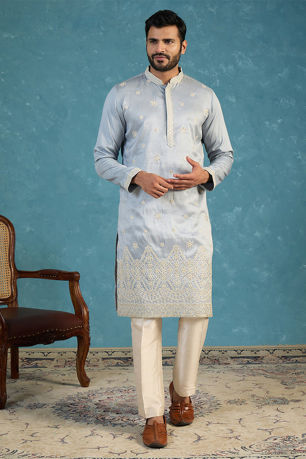 Blue Silk Blend Solid Embroidered Kurta With Trousers MKSET2175