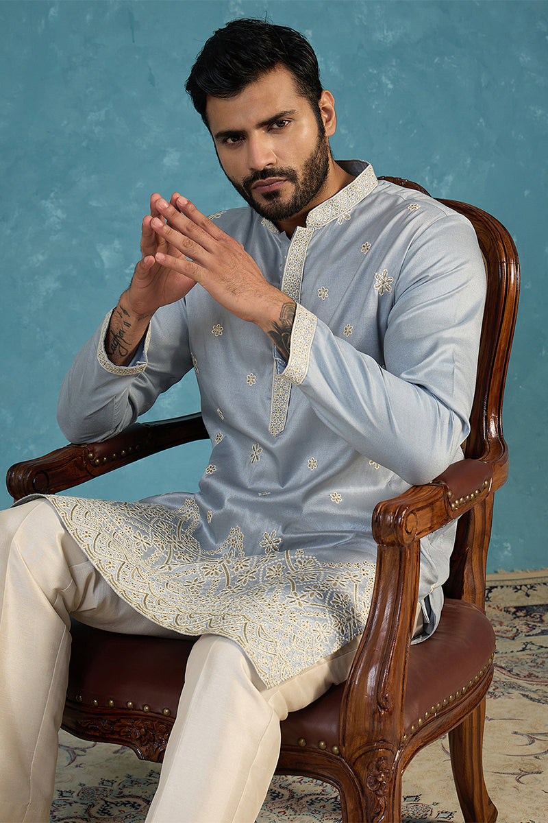 Blue Silk Blend Solid Embroidered Kurta With Trousers MKSET2175