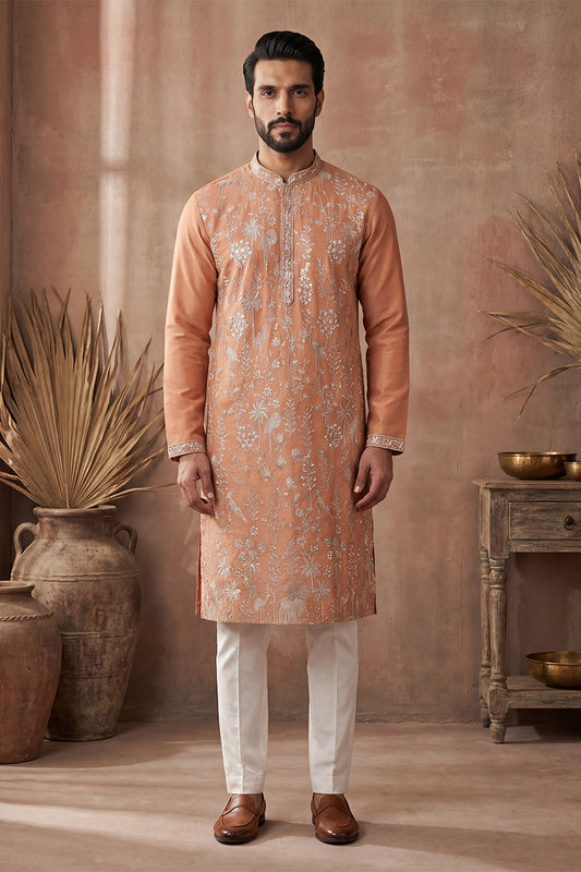 Orange Modal Embroidered Calf Length Straight Regular Kurta With Trouser MKSET2176