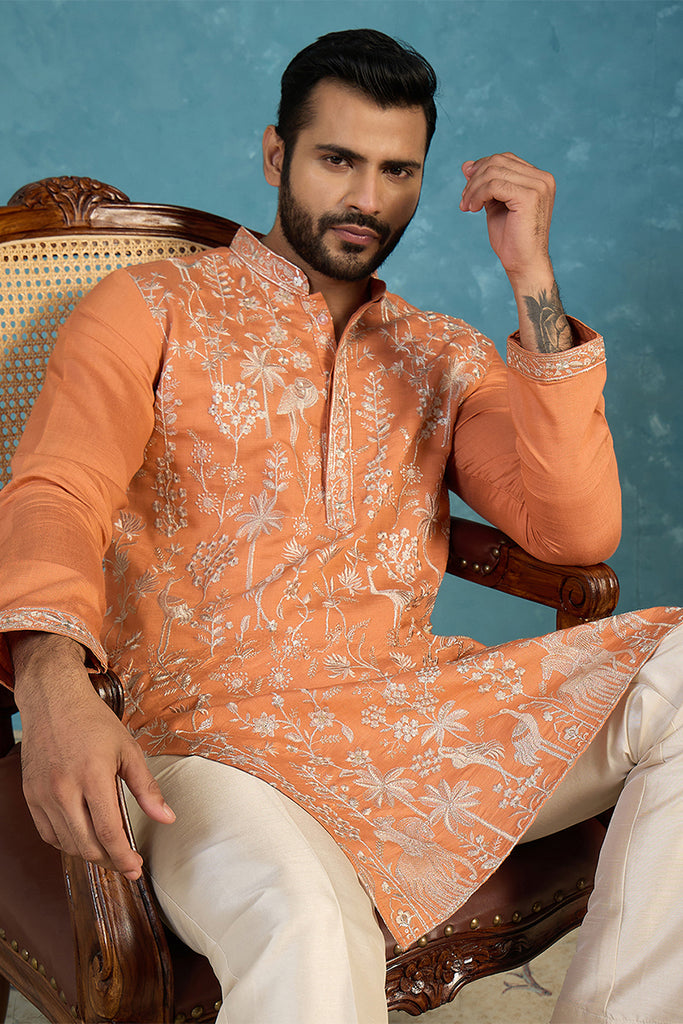 Orange Modal Embroidered Calf Length Straight Regular Kurta MKU2176