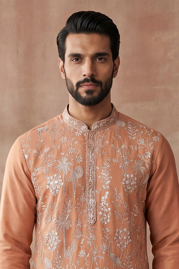 Orange Modal Embroidered Calf Length Straight Regular Kurta With Trouser MKSET2176