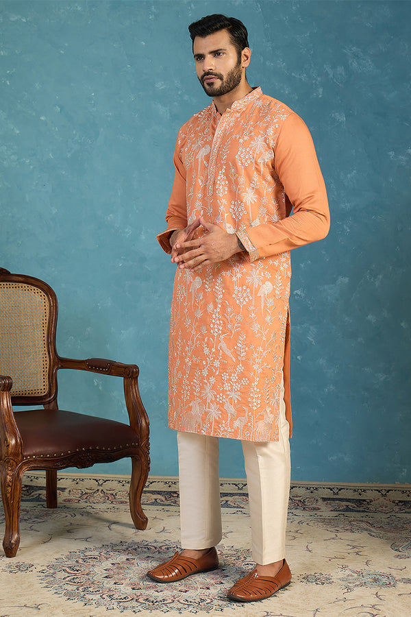 Orange Modal Embroidered Calf Length Straight Regular Kurta MKU2176
