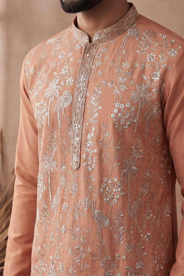 Orange Modal Embroidered Calf Length Straight Regular Kurta With Trouser MKSET2176