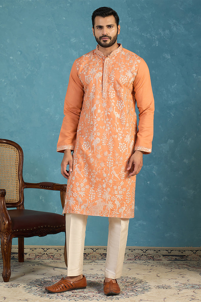 Orange Modal Embroidered Calf Length Straight Regular Kurta MKU2176