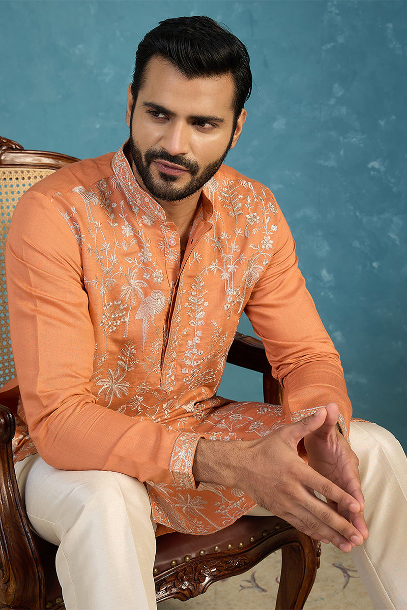 Orange Modal Embroidered Calf Length Straight Regular Kurta MKU2176
