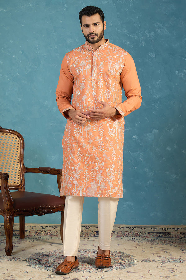Orange Modal Embroidered Calf Length Straight Regular Kurta MKU2176