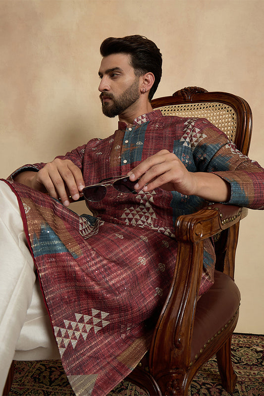 Brown Silk Blend Printed Straight Kurta With Trousers MKSET2177