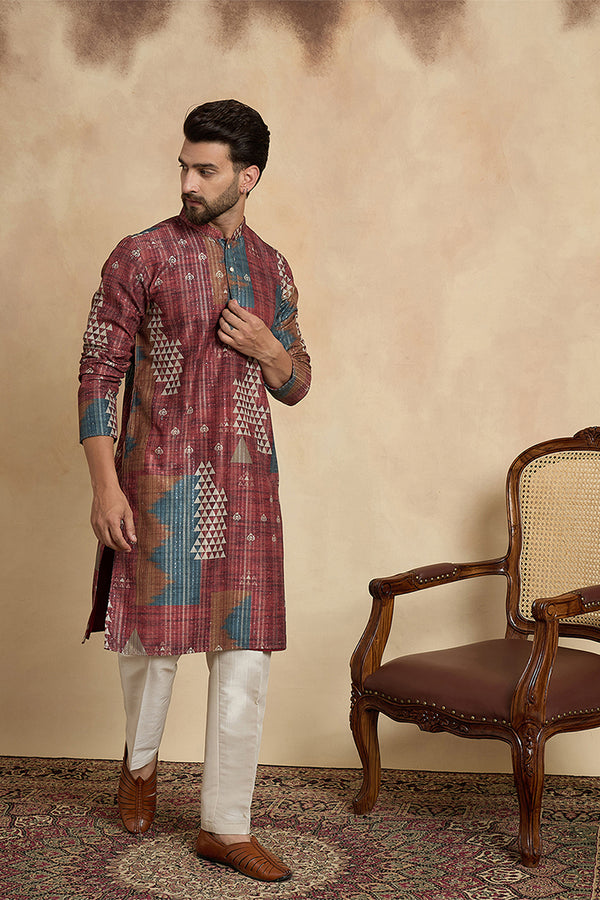 Brown Silk Blend Printed Straight Kurta MKU2177