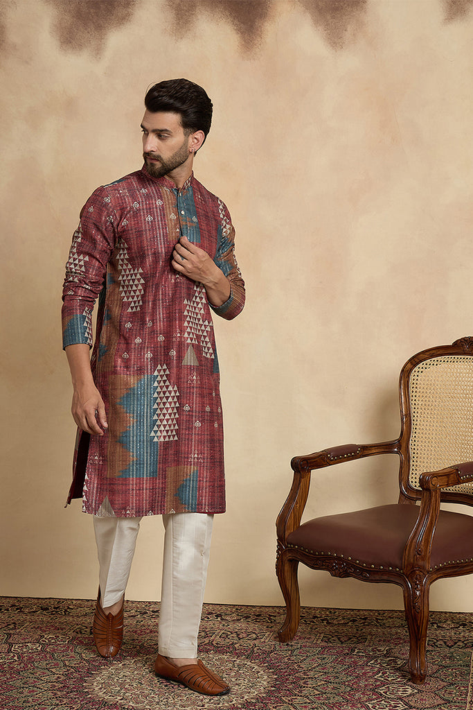 Brown Silk Blend Printed Straight Kurta With Trousers MKSET2177