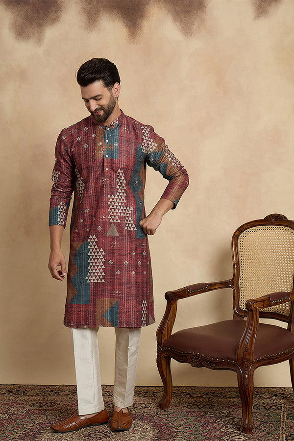 Brown Silk Blend Printed Straight Kurta MKU2177