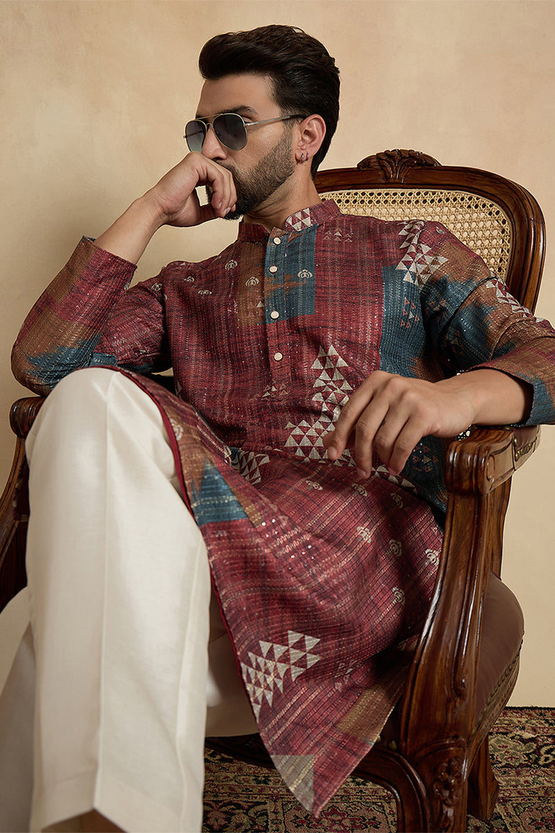 Brown Silk Blend Printed Straight Kurta MKU2177