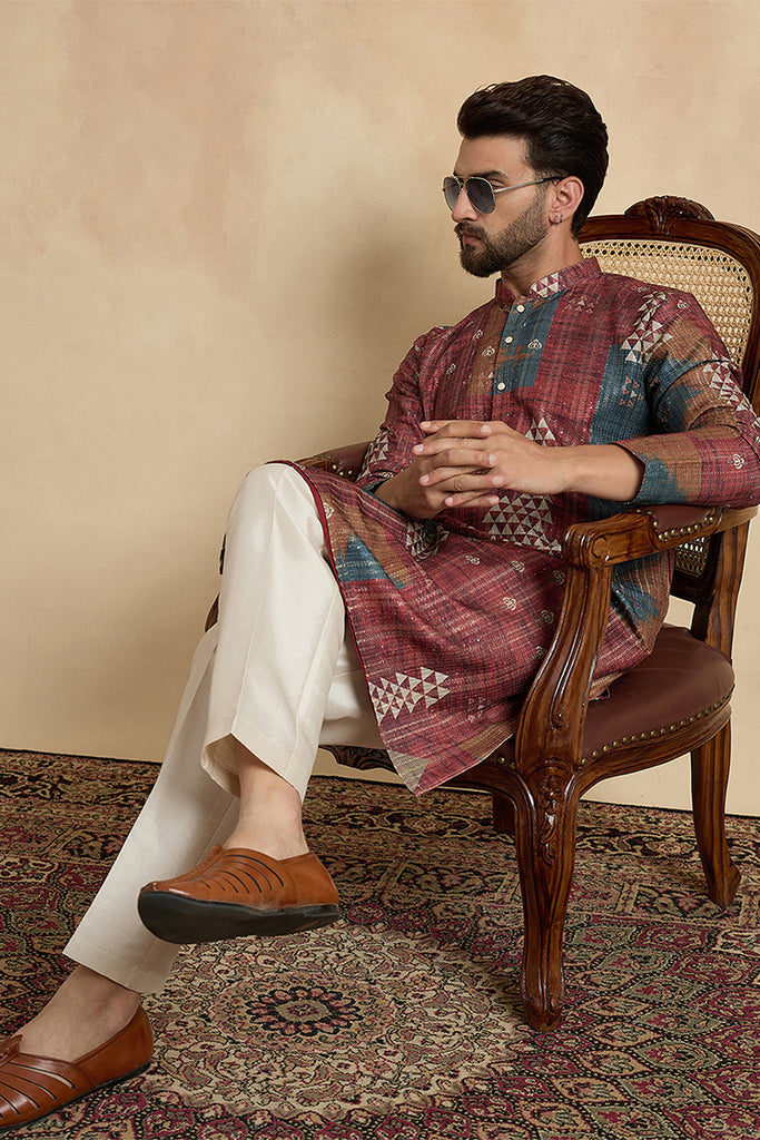 Brown Silk Blend Printed Straight Kurta MKU2177