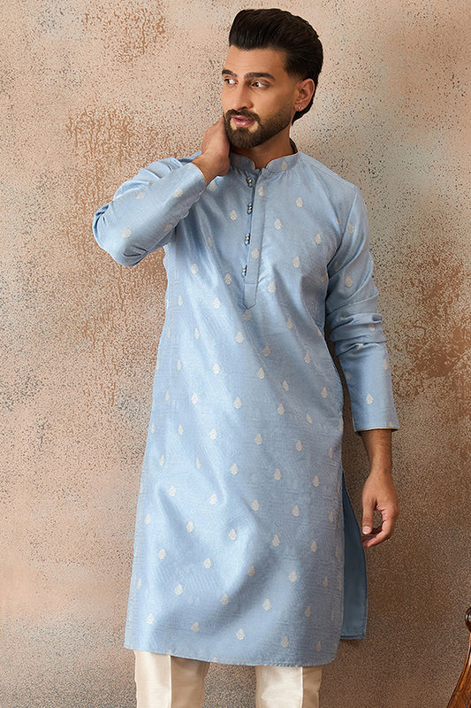 Blue Silk Blend Floral Straight Kurta MKU2217