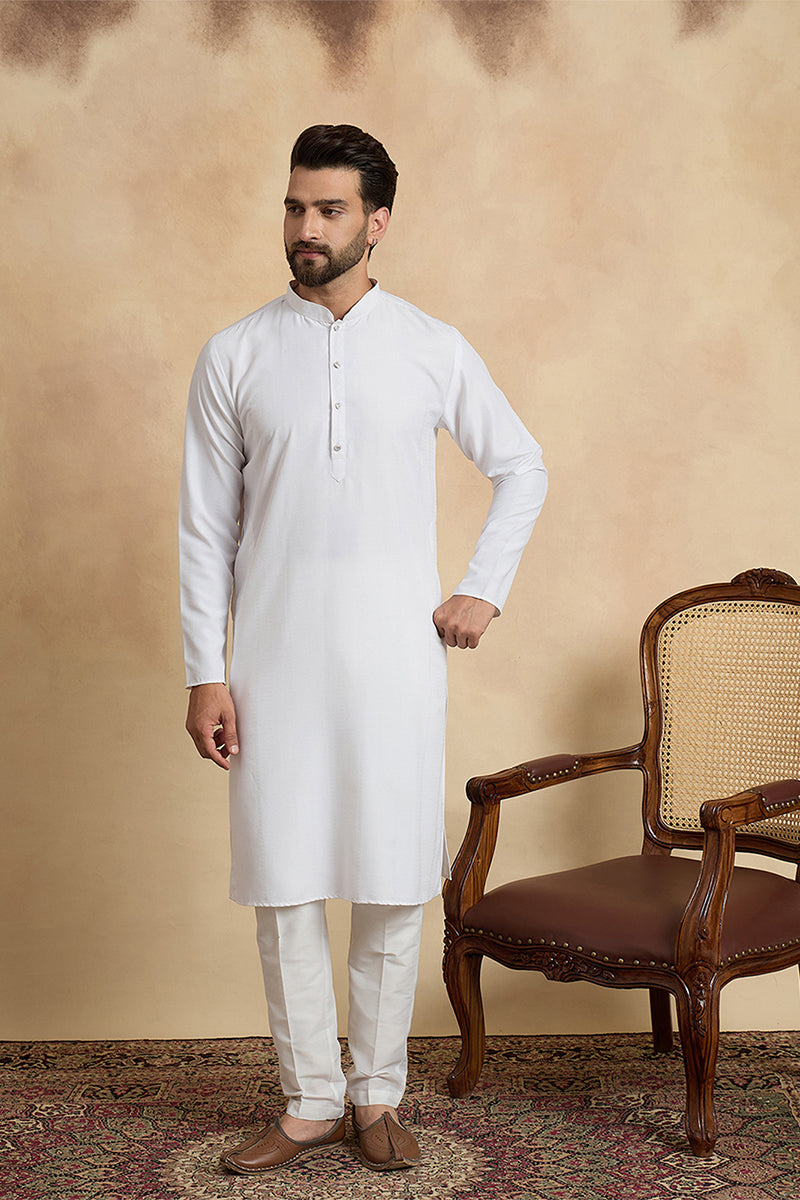 White Silk Blend Solid Solid Kurta With Trousers MKSET2220