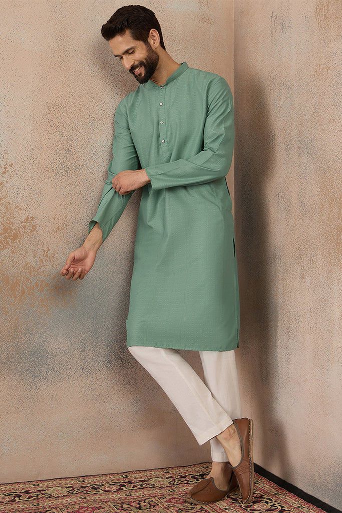 Green Silk Blend Solid Solid Kurta With Trousers MKSET2221