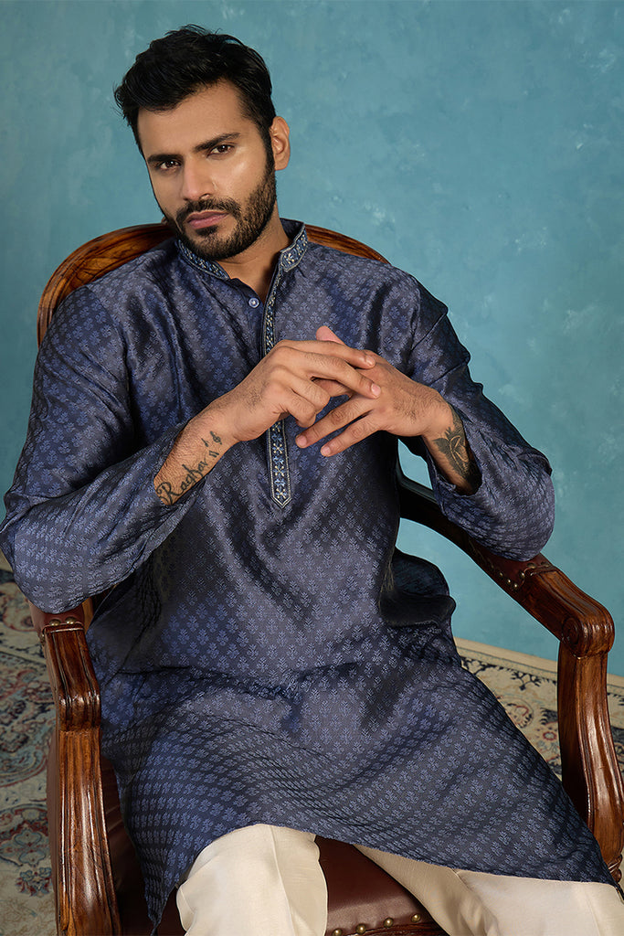 Blue Jacquard Woven Design Straight Kurta With Trouser MKSET2227