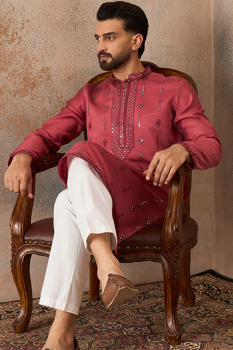 Rose Silk Blend Solid Embroidered Sequins Kurta With Trouser MKSET2259