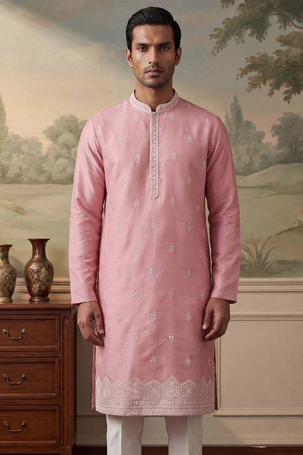 Silk Blend Pink Solid Embroidered Calf Length Straight Kurta MKU2271