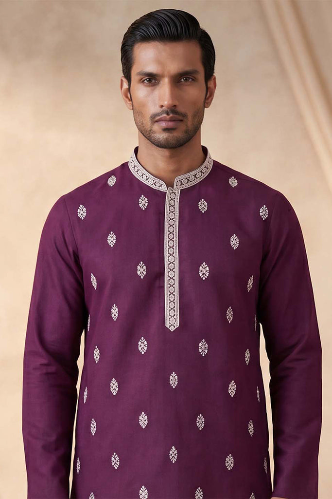 Silk Blend Purple Solid Embroidered Calf Length Straight Kurta MKU2272