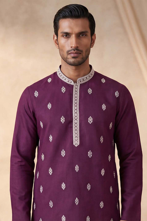Silk Blend Purple Solid Embroidered Calf Length Straight Kurta MKU2272