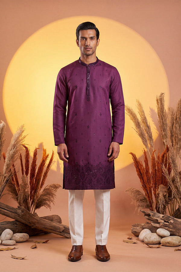 Purple Silk Blend Embroidered Straight Kurta MKU2288