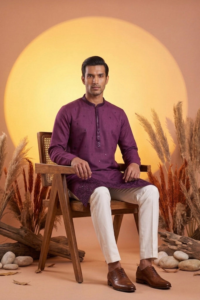 Purple Silk Blend Embroidered Straight Kurta MKU2288
