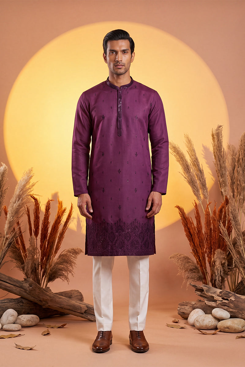 Purple Silk Blend Embroidered Straight Kurta Sets MKSET2288