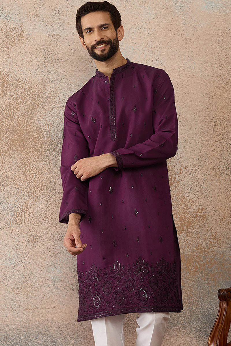Purple Silk Blend Embroidered Straight Kurta Sets MKSET2288