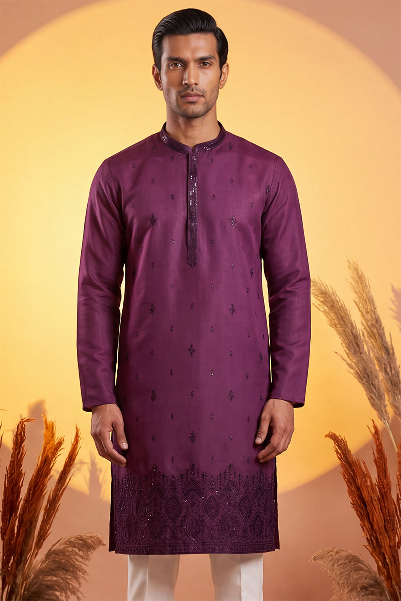 Purple Silk Blend Embroidered Straight Kurta MKU2288