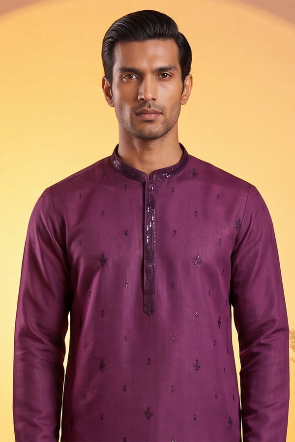 Purple Silk Blend Embroidered Straight Kurta Sets MKSET2288
