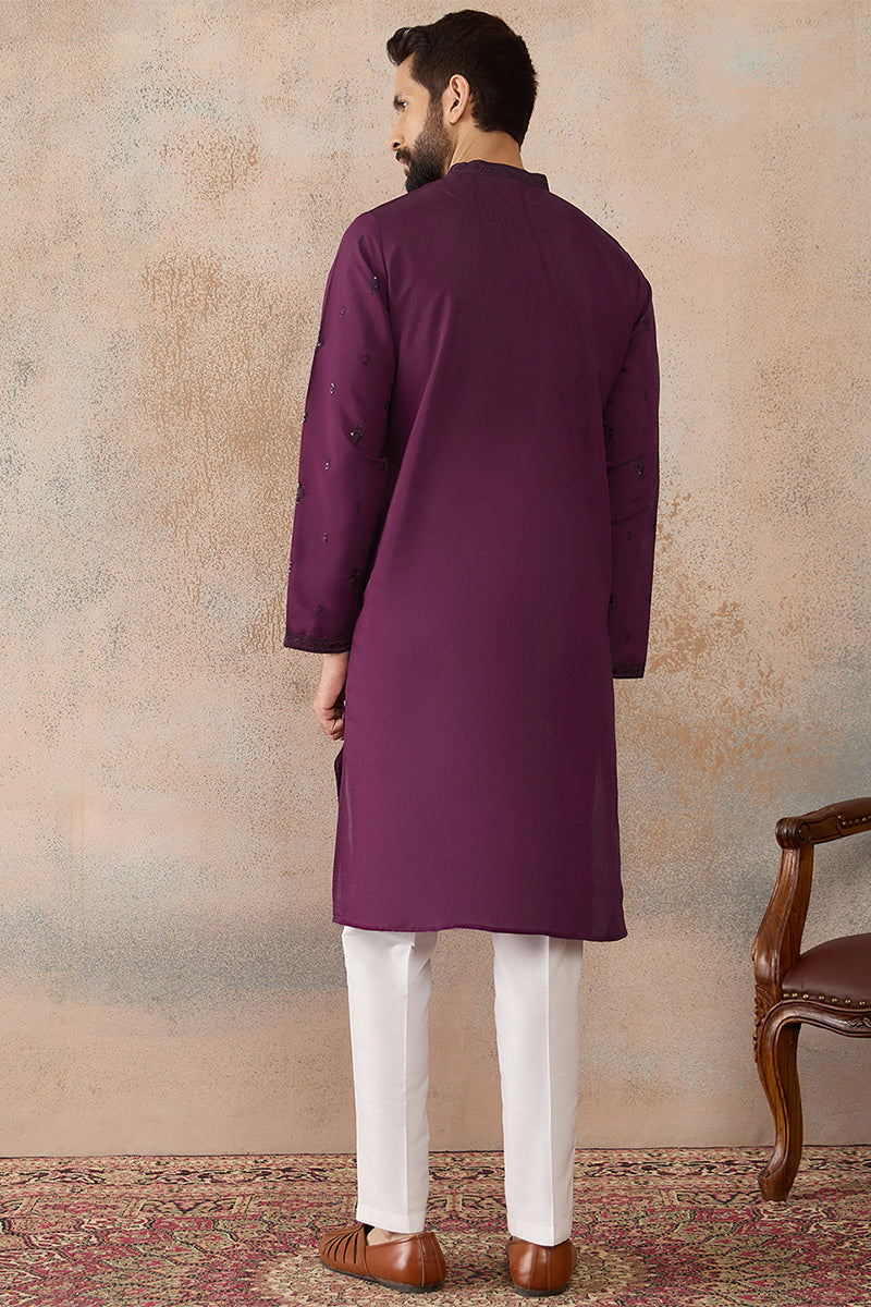 Purple Silk Blend Embroidered Straight Kurta Sets MKSET2288