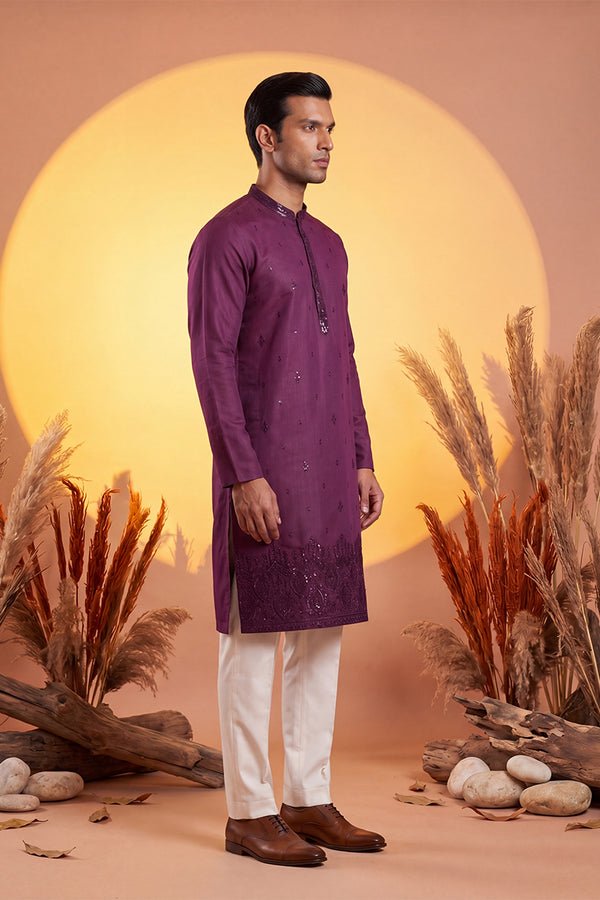Purple Silk Blend Embroidered Straight Kurta Sets MKSET2288
