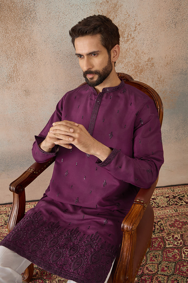 Purple Silk Blend Embroidered Straight Kurta Sets MKSET2288
