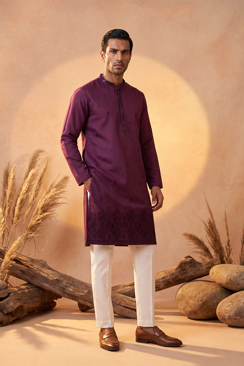 Purple Silk Blend Embroidered Straight Kurta Sets MKSET2288