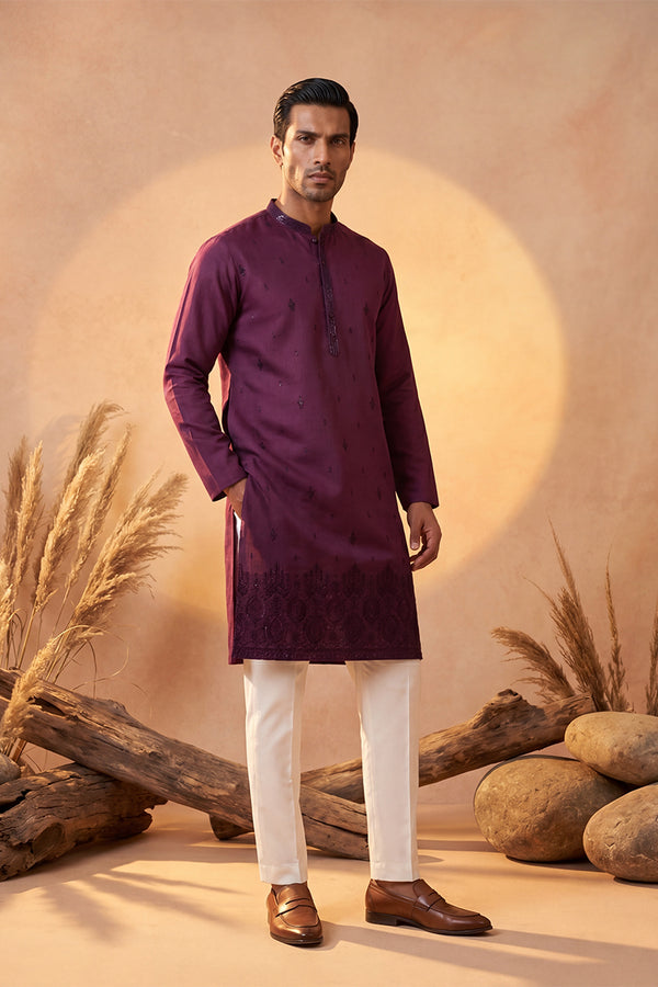 Purple Silk Blend Embroidered Straight Kurta Sets MKSET2288