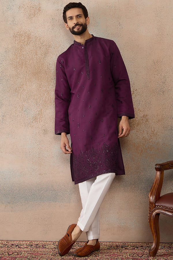 Purple Silk Blend Embroidered Straight Kurta Sets MKSET2288