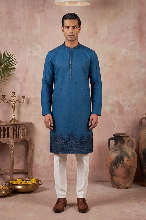 Blue Silk Blend Embroidered Straight Kurta MKU2290
