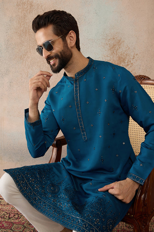 Blue Silk Blend Embroidered Straight Kurta Sets MKSET2290
