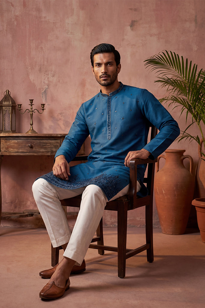 Blue Silk Blend Embroidered Straight Kurta Sets MKSET2290