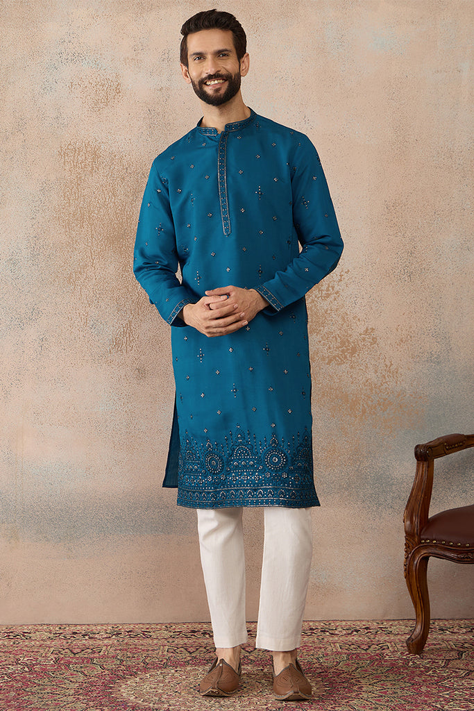 Blue Silk Blend Embroidered Straight Kurta MKU2290